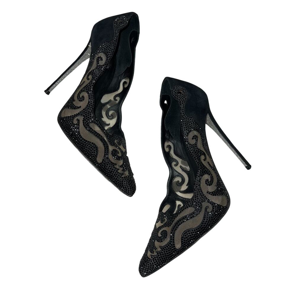 Rene Caovilla | Black Crystal Embellished Mesh Pointed Toe Stiletto Pumps 39.5
